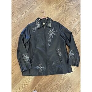 Ameri-Mode Black Faux Leather Rhinestone Starburst Jacket Western Rock Glam XL